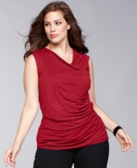 A cowl neckline drapes gracefully across INC's plus size top, while side ruching continues the fluid, soft look. A cowl neckline drapes gracefully across INC's plus size top, while side ruching continues the fluid, soft look.