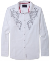 Solid shirt by Ring of Fire with unique design pattern on front. Solid shirt by Ring of Fire with unique design pattern on front.