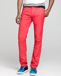 Stand out with an outstandingly bright pair of slim fitting pants from MARC BY MARC JACOBS, rich in color and crafted for a uniquely textured hand. Stand out with an outstandingly bright pair of slim fitting pants from MARC BY MARC JACOBS, rich in color and crafted for a uniquely textured hand.
