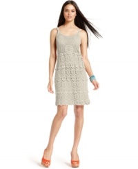 Tiers of lace-like crochet give this petite INC dress its casual-chic vibe--easy to accessorize and made for sunny summer days! Tiers of lace-like crochet give this petite INC dress its casual-chic vibe--easy to accessorize and made for sunny summer days!