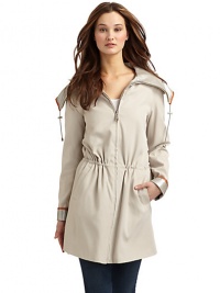 THE LOOKReversible designOne side twill; one side coated waterproofContrast fold-over collar with drawstring detail Front zip closure Long sleevesDrawstring waistSide besom pocketsTHE FITAbout 33 from shoulder to hemTHE MATERIAL67% cotton/33% polyurethane57% viscose/43% cottonCARE & ORIGINDry cleanImportedModel shown is 5'10 (177cm) wearing US size 4. THE LOOKReversible designOne side twill; one side coated waterproofContrast fold-over collar with drawstring detail Front zip closure Long sleevesDrawstring waistSide besom pocketsTHE FITAbout 33 from shoulder to hemTHE MATERIAL67% cotton/33% polyurethane57% viscose/43% cottonCARE & ORIGINDry cleanImportedModel shown is 5'10 (177cm) wearing US size 4.