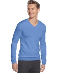 Merino wool adds a bit of luxury to this v-neck sweater from Calvin Klein. Merino wool adds a bit of luxury to this v-neck sweater from Calvin Klein.
