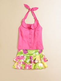 This chic knit will brighten up any ensemble with feminine ruffles and button detail.Ruffled halterneck ties at backSleevelessPullover style with back elasticPrincess seamsCottonMachine washImported This chic knit will brighten up any ensemble with feminine ruffles and button detail.Ruffled halterneck ties at backSleevelessPullover style with back elasticPrincess seamsCottonMachine washImported