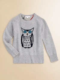 Knit right into this luxurious cashmere pullover is a wise owl with big blue eyes that gaze intently.Ribbed crewneckLong raglan sleeves with ribbed cuffsRibbed hemCashmereDry cleanImported