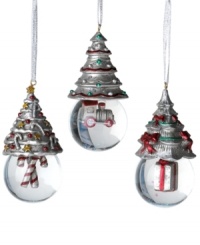 Take three. Towle combines ornaments, trees and snow globes – three indisputable symbols of the season – for over-the-top holiday cheer every year. Featuring a candy cane, toy train and gift box motif with iridescent glitter. Take three. Towle combines ornaments, trees and snow globes – three indisputable symbols of the season – for over-the-top holiday cheer every year. Featuring a candy cane, toy train and gift box motif with iridescent glitter.
