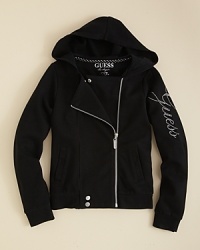 A classic hoodie the GUESS Kids' treatment, adding an asymmetrical zip front closure and logo hardware with rhinestone accents. A classic hoodie the GUESS Kids' treatment, adding an asymmetrical zip front closure and logo hardware with rhinestone accents.