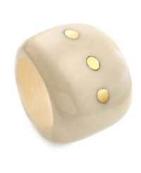 Connect the dots. A ring that makes a statement, this bold accessory is handcrafted by Haitian artisans in smooth ivory bone set with dots of polished brass. Connect the dots. A ring that makes a statement, this bold accessory is handcrafted by Haitian artisans in smooth ivory bone set with dots of polished brass.