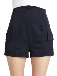 THE LOOKHigh-waist silhouetteFront zip and button closureSide seam pockets with flap detailSeam detailsHem dartsBack besom pocketsTHE FITRise, about 13Inseam, about 2THE MATERIAL79% viscose/19% wool/2% elastaneCARE & ORIGINDry cleanImportedModel shown is 5'10 (177cm) wearing US size 4. THE LOOKHigh-waist silhouetteFront zip and button closureSide seam pockets with flap detailSeam detailsHem dartsBack besom pocketsTHE FITRise, about 13Inseam, about 2THE MATERIAL79% viscose/19% wool/2% elastaneCARE & ORIGINDry cleanImportedModel shown is 5'10 (177cm) wearing US size 4.
