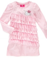 Your little star will twinkle in this uniquely adorable ruffle sweater dress by Hello Kitty with alternating mesh tiers and an allover tinge of sparkle. Will go great with legging. Your little star will twinkle in this uniquely adorable ruffle sweater dress by Hello Kitty with alternating mesh tiers and an allover tinge of sparkle. Will go great with legging.
