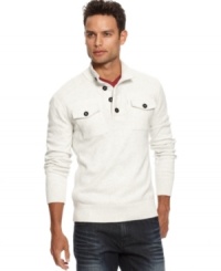 Overstated pockets and bold buttons make this long sleeve sweater from INC International Concepts perfect for accenting the subtler pieces in your wardrobe. Overstated pockets and bold buttons make this long sleeve sweater from INC International Concepts perfect for accenting the subtler pieces in your wardrobe.