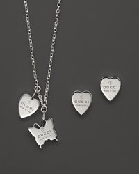 From the Trademark collection comes this box set of sterling silver heart stud earrings and necklace with butterfly and heart charms. Designed by Gucci. From the Trademark collection comes this box set of sterling silver heart stud earrings and necklace with butterfly and heart charms. Designed by Gucci.