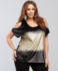 Get ready to shine when you wear INC's plus size cutout top. Contrasting sequins add sparkle to this sexy little number. Get ready to shine when you wear INC's plus size cutout top. Contrasting sequins add sparkle to this sexy little number.