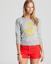 Emblazoned by a statement flocked print, this shrunken Juicy Couture sweatshirt makes for a luxe approach to laidback style. Emblazoned by a statement flocked print, this shrunken Juicy Couture sweatshirt makes for a luxe approach to laidback style.