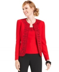 Beautiful beading creates an alluring effect on Kasper's petite jacket. The open front and cutaway hem make for effortless layering. Beautiful beading creates an alluring effect on Kasper's petite jacket. The open front and cutaway hem make for effortless layering.