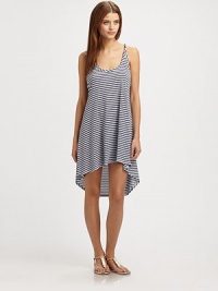 Light striped cotton jersey in a simple draped shift that reveals a skin-baring, strappy, cutout back.ScoopneckAsymmetric hemPullover style50% modal/50% cottonDry cleanMade in USAModel shown is 5'10 (177cm) wearing US size Small. Light striped cotton jersey in a simple draped shift that reveals a skin-baring, strappy, cutout back.ScoopneckAsymmetric hemPullover style50% modal/50% cottonDry cleanMade in USAModel shown is 5'10 (177cm) wearing US size Small.