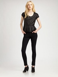Gleaming leather top defined by cap sleeves, a tiered peplum hem and contrasting knit back. RoundneckZipper at shoulderCap sleevesTiered peplum hemContrasting knit back panelBody: Leather; Contrast: 49% nylon/40% rauon/9% wool/2% spandexDry clean with leather specialistImportedModel shown is 5'11 (178cm) wearing US size 2. Gleaming leather top defined by cap sleeves, a tiered peplum hem and contrasting knit back. RoundneckZipper at shoulderCap sleevesTiered peplum hemContrasting knit back panelBody: Leather; Contrast: 49% nylon/40% rauon/9% wool/2% spandexDry clean with leather specialistImportedModel shown is 5'11 (178cm) wearing US size 2.