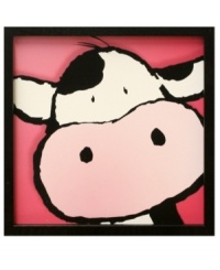 Spot on for the children's bedroom or play area, this curious cow gets up close and personal in a simple wooden frame. Spot on for the children's bedroom or play area, this curious cow gets up close and personal in a simple wooden frame.