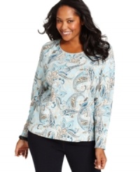Look pretty in paisley with Karen Scott's long sleeve plus size top-- snag it at an Everyday Value price! Look pretty in paisley with Karen Scott's long sleeve plus size top-- snag it at an Everyday Value price!