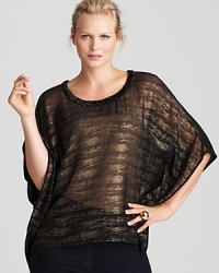 With an intricately beaded neckline and shimmering striped silhouette, this Karen Kane Plus top sends your style into the spotlight. With an intricately beaded neckline and shimmering striped silhouette, this Karen Kane Plus top sends your style into the spotlight.