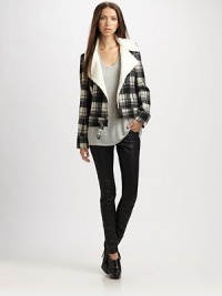Classic check in a cropped moto style with lush faux shearling at the collar.Notched-collarAsymmetric zipperWelt pocketsFront snap-button tabAbout 22 from shoulder to hem70% polyester/20% viscose/10% woolMachine washImportedModel shown is 5'11 (180cm) wearing US size Small. Classic check in a cropped moto style with lush faux shearling at the collar.Notched-collarAsymmetric zipperWelt pocketsFront snap-button tabAbout 22 from shoulder to hem70% polyester/20% viscose/10% woolMachine washImportedModel shown is 5'11 (180cm) wearing US size Small.
