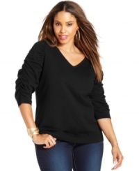 Who says basic has to mean boring? INC's plus size topper features fun raglan-seamed sleeves with dramatic ruching for a feminine touch. Who says basic has to mean boring? INC's plus size topper features fun raglan-seamed sleeves with dramatic ruching for a feminine touch.