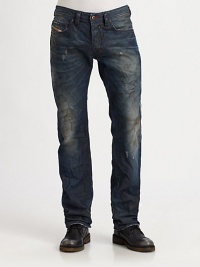 A resin and golden treatment lend lived-in appeal to this ultra-distressed straight-leg silhouette. Banded waist with belt loops Front zip and button closure Five-pocket style Frayed, whiskered and faded details Signature stitching on back pockets Back logo patch detail Red lining Regular slim silhouetteInseam, about 34 65% cotton/35% lyocell Machine wash Made in Italy A resin and golden treatment lend lived-in appeal to this ultra-distressed straight-leg silhouette. Banded waist with belt loops Front zip and button closure Five-pocket style Frayed, whiskered and faded details Signature stitching on back pockets Back logo patch detail Red lining Regular slim silhouetteInseam, about 34 65% cotton/35% lyocell Machine wash Made in Italy