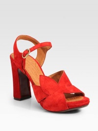 Vibrant suede with flower-inspired straps and a peep toe. Self-covered heel, 4 (100mm)Island platform, 1 (25mm)Compares to a 3 heel (75mm)Suede upperLeather liningLeather and rubber solePadded insoleImportedOUR FIT MODEL RECOMMENDS ordering one half size up as this style runs small. Vibrant suede with flower-inspired straps and a peep toe. Self-covered heel, 4 (100mm)Island platform, 1 (25mm)Compares to a 3 heel (75mm)Suede upperLeather liningLeather and rubber solePadded insoleImportedOUR FIT MODEL RECOMMENDS ordering one half size up as this style runs small.