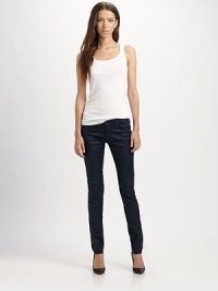 Lacquered finish gives these stretchy skinnies a modern, leather-like look. THE FITRise, about 7½Inseam, about 32THE DETAILSZip flyFive-pocket style41% supima cotton/39% cotton/15% modal/5% polyurtehaneMachine washMade in USA of imported fabricModel shown is 5'11 (178cm) wearing US size 4. Lacquered finish gives these stretchy skinnies a modern, leather-like look. THE FITRise, about 7½Inseam, about 32THE DETAILSZip flyFive-pocket style41% supima cotton/39% cotton/15% modal/5% polyurtehaneMachine washMade in USA of imported fabricModel shown is 5'11 (178cm) wearing US size 4.