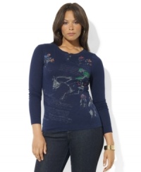 A faded equestrian print with romantic script adorns the front of Lauren Ralph Lauren's essential long-sleeved plus size tee for a chic, timeworn look A faded equestrian print with romantic script adorns the front of Lauren Ralph Lauren's essential long-sleeved plus size tee for a chic, timeworn look