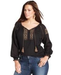 Be a boho beauty in Lucky Brand Jeans' long sleeve plus size peasant top, finished by embroidery. Be a boho beauty in Lucky Brand Jeans' long sleeve plus size peasant top, finished by embroidery.