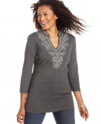 Add a worldly touch to your everyday look with Karen Scott's embroidered petite tunic. The longer length makes it so flattering, too! Add a worldly touch to your everyday look with Karen Scott's embroidered petite tunic. The longer length makes it so flattering, too!
