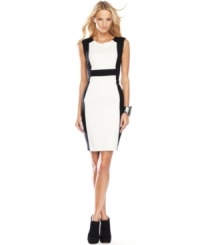 Gorgeous black and white create a bold look on INC's classic sheath dress. The colorblocking creates a lean, streamlined look and defines the waist. Gorgeous black and white create a bold look on INC's classic sheath dress. The colorblocking creates a lean, streamlined look and defines the waist.
