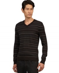 Stripes are always in season, and this Kenneth Cole New York v-neck sweater will keep you on top of the trend. Stripes are always in season, and this Kenneth Cole New York v-neck sweater will keep you on top of the trend.