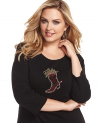 Make the holiday bright -- cowgirl-style -- with Karen Scott's charming plus size boot-print tee! Make the holiday bright -- cowgirl-style -- with Karen Scott's charming plus size boot-print tee!