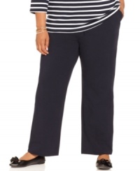 Lounge in the comfort of Karen Scott's plus size pull-on pants, featuring a drawstring waist. Lounge in the comfort of Karen Scott's plus size pull-on pants, featuring a drawstring waist.