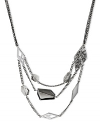 Kenneth Cole New York gives a geometry lesson in fashion with this frontal necklace. Crafted from silver-tone mixed metal, accents in different shapes adorn each row. Approximate drop: 17 inches + 3-inch extender. Approximate drop: 2-1/4 inches. Kenneth Cole New York gives a geometry lesson in fashion with this frontal necklace. Crafted from silver-tone mixed metal, accents in different shapes adorn each row. Approximate drop: 17 inches + 3-inch extender. Approximate drop: 2-1/4 inches.