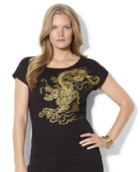 Lauren Ralph Lauren's plus size cotton jersey tee exudes casual-chic flair with an exotic dragon design at the front.