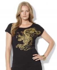 Lauren Ralph Lauren's plus size cotton jersey tee exudes casual-chic flair with an exotic dragon design at the front. Lauren Ralph Lauren's plus size cotton jersey tee exudes casual-chic flair with an exotic dragon design at the front.