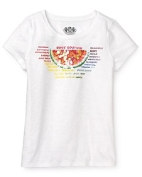Juicy Couture updates the cap sleeve tee with a wonderful watermelon print, detailed with shimmering sequins in rainbow colors. Juicy Couture updates the cap sleeve tee with a wonderful watermelon print, detailed with shimmering sequins in rainbow colors.