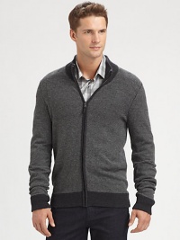 Contrasting color highlights and trims the collar, cuffs and hem of this handsome design, elegantly shaped in a smooth cotton blend.Zip frontRibbed knit collar, cuffs and hem25% cotton/25% polyamide/25% viscose/20% wool/5% cashmereHand washImported Contrasting color highlights and trims the collar, cuffs and hem of this handsome design, elegantly shaped in a smooth cotton blend.Zip frontRibbed knit collar, cuffs and hem25% cotton/25% polyamide/25% viscose/20% wool/5% cashmereHand washImported