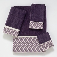 Luxurious sheared velour towel is embellished with a woven classic border motif in iris and ivory. Finished with a coordinating ivory trim. Luxurious sheared velour towel is embellished with a woven classic border motif in iris and ivory. Finished with a coordinating ivory trim.
