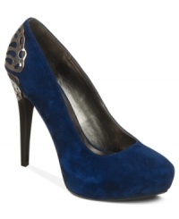 A metal butterfly accent adorns the back heel of Carlos by Carlos Santana's Lust pumps and peeks around the sides, giving these neutral-toned platforms a pretty pair of wings. A metal butterfly accent adorns the back heel of Carlos by Carlos Santana's Lust pumps and peeks around the sides, giving these neutral-toned platforms a pretty pair of wings.
