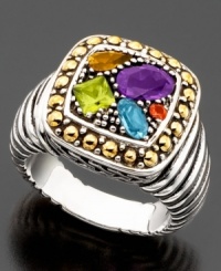 Make an entrance with this lively & lovely ring. Featuring a multitude of colorful gemstones including amethyst (3/4 ct. t.w.), blue topaz (1/3 ct. t.w.), citrine (1/5 ct. t.w.), peridot (1/3 ct. t.w.), garnet accents and diamond accents. Set in 18k gold & sterling silver; from Balissima by Effy Collection. Make an entrance with this lively & lovely ring. Featuring a multitude of colorful gemstones including amethyst (3/4 ct. t.w.), blue topaz (1/3 ct. t.w.), citrine (1/5 ct. t.w.), peridot (1/3 ct. t.w.), garnet accents and diamond accents. Set in 18k gold & sterling silver; from Balissima by Effy Collection.