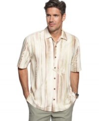 The luxury of silk accompanies this respite ready button-front shirt from Tommy Bahama. The luxury of silk accompanies this respite ready button-front shirt from Tommy Bahama.