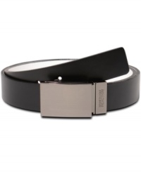 This smooth and reversible belt by Kenneth Cole Reaction has unique pinstripe and cut out detail on the buckle. This smooth and reversible belt by Kenneth Cole Reaction has unique pinstripe and cut out detail on the buckle.