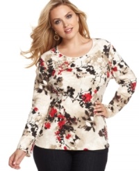Blossoms bloom all winter long with Karen Scott's plus size printed top! Dress it up with an A-line skirt or go casual by pairing it with your favorite jeans. Blossoms bloom all winter long with Karen Scott's plus size printed top! Dress it up with an A-line skirt or go casual by pairing it with your favorite jeans.