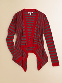 A couldn't-be-cuter layer with a draped waterfall silhouette and charming allover stripes.Open frontRibbed collar and hemLong sleeves with ribbed cuffsHi/lo angled hemRayonMachine washImported A couldn't-be-cuter layer with a draped waterfall silhouette and charming allover stripes.Open frontRibbed collar and hemLong sleeves with ribbed cuffsHi/lo angled hemRayonMachine washImported