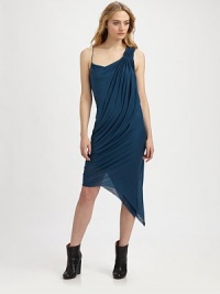 Gorgeous matte jersey draped and gathered through this mid-length shift.Single gathered shoulderSingle spaghetti strapGathered boidceAsymmetrical hemAbout 31 from natural waistMicromodalDry cleanImportedModel shown is 5'9½ (177cm) wearing US size Small. Gorgeous matte jersey draped and gathered through this mid-length shift.Single gathered shoulderSingle spaghetti strapGathered boidceAsymmetrical hemAbout 31 from natural waistMicromodalDry cleanImportedModel shown is 5'9½ (177cm) wearing US size Small.