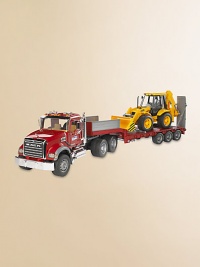 Incredibly realistic 1:16 scale model provides hours of imaginative play, with flatbed truck, loading trailer with fold-down ramp, Caterpillar bulldozer backhoe plus opening doors and lift-up hood displaying engine block.Plastic Truck, about 36¾L X 7¾W X 10½H Backhoe, about 20½L X 6¼W X 7¼H Recommended for ages 3 and up Made in Germany Incredibly realistic 1:16 scale model provides hours of imaginative play, with flatbed truck, loading trailer with fold-down ramp, Caterpillar bulldozer backhoe plus opening doors and lift-up hood displaying engine block.Plastic Truck, about 36¾L X 7¾W X 10½H Backhoe, about 20½L X 6¼W X 7¼H Recommended for ages 3 and up Made in Germany