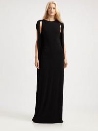 Modern and striking, this crepe silhouette features an alluring keyhole back.Jewel necklineShoulder drapesBack keyhole with button closureAbout 48 from natural waistAcetate/polyamide/elastaneDry cleanImportedModel shown is 5'10 (177cm) wearing US size 4. Modern and striking, this crepe silhouette features an alluring keyhole back.Jewel necklineShoulder drapesBack keyhole with button closureAbout 48 from natural waistAcetate/polyamide/elastaneDry cleanImportedModel shown is 5'10 (177cm) wearing US size 4.